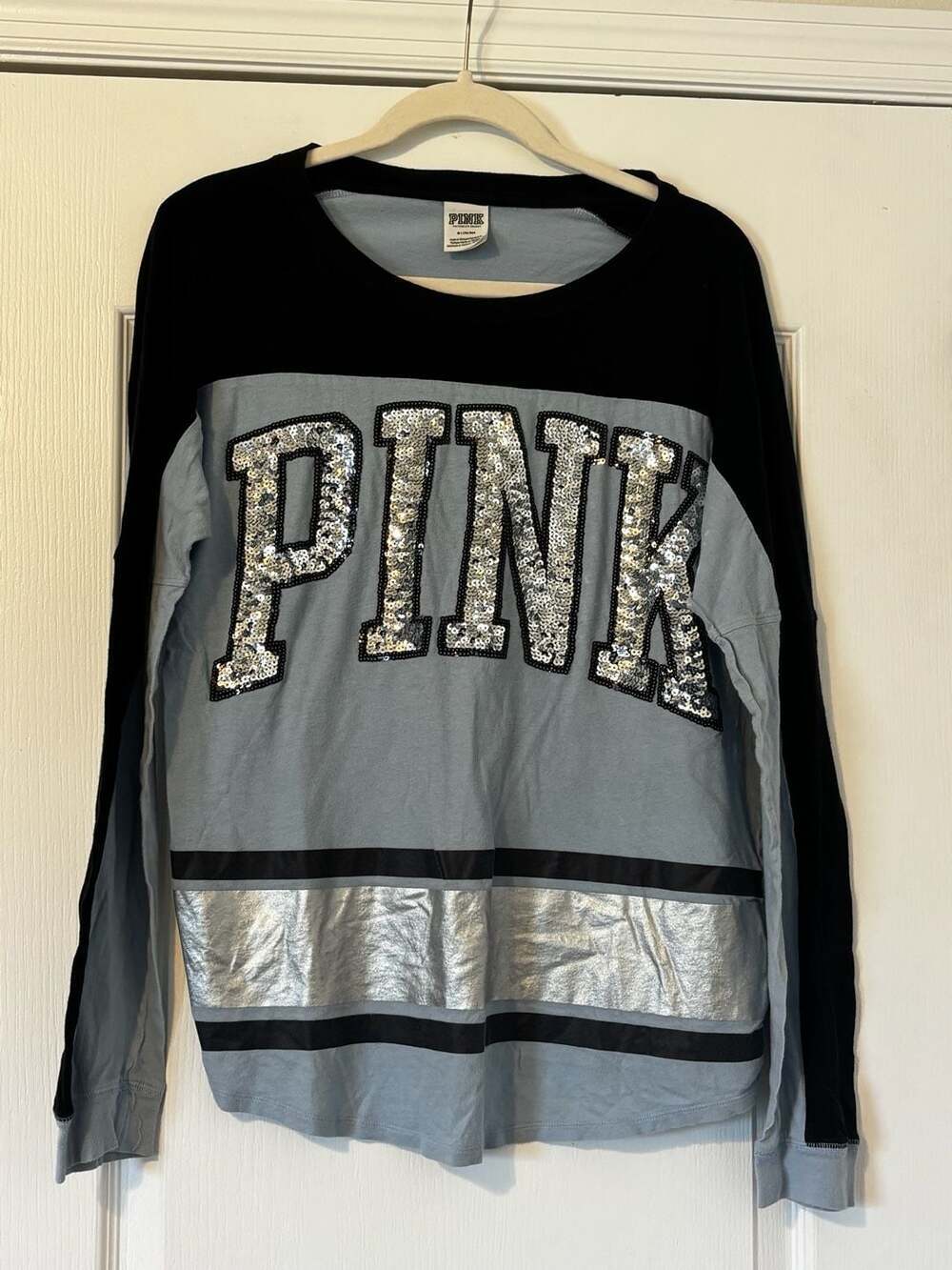 Victoria's Secret Pink Varsity Crew Bling Foil Tee Long Sleeve Blue/Black Size M